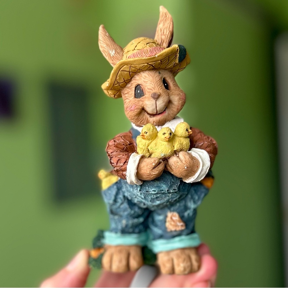VTG Dainty Bunny Farmer Holding Baby Chicks Cottagecore Figurine Art Decor